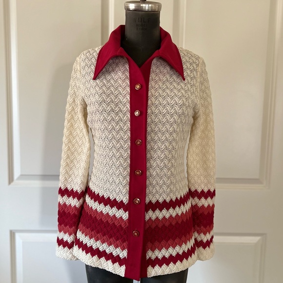 Empress Sports Tops - Vintage Empress Sports Red & Ivory Textured Knit Jacket | Size 14